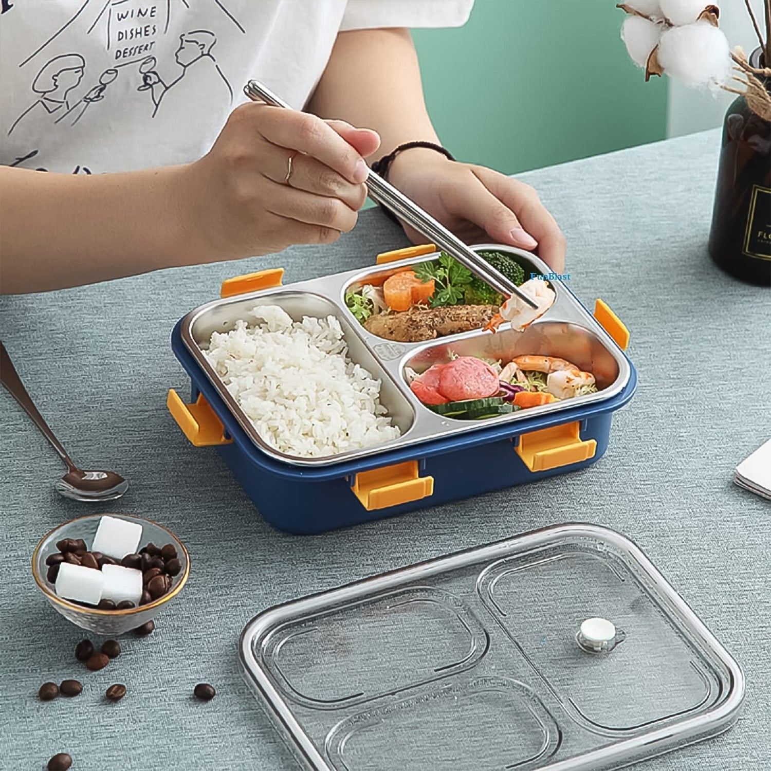 3 Compartment Transparent Stainless Steel Lunch Box with a Spoon and a Pair of Chopsticks (1 Set) 3 Compartment Transparent Stainless Steel Lunch Box with a Spoon and a Pair of Chopsticks (1 Set)